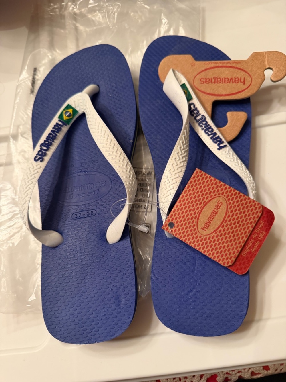 Havaianas Royal Blue Flip Flops with White Straps and Brazilian Flag